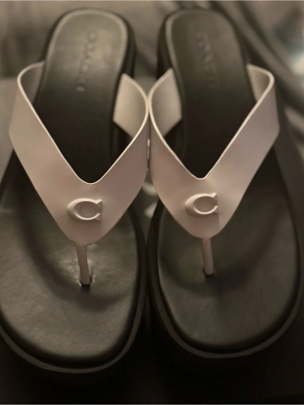 Coach White Leather Platform Thong Sandals with Signature 'C'